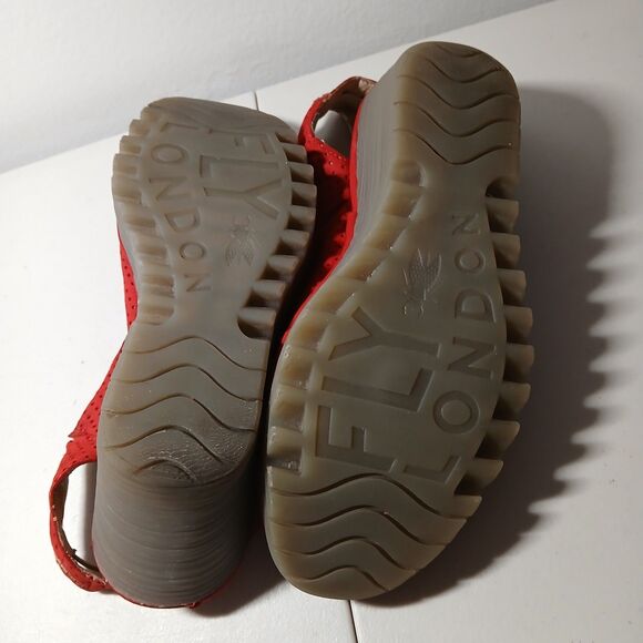 Fly London Women's Red Perforated Suede Leather Wedge Heels Sling Backs Size 37 - Picture 7 of 10